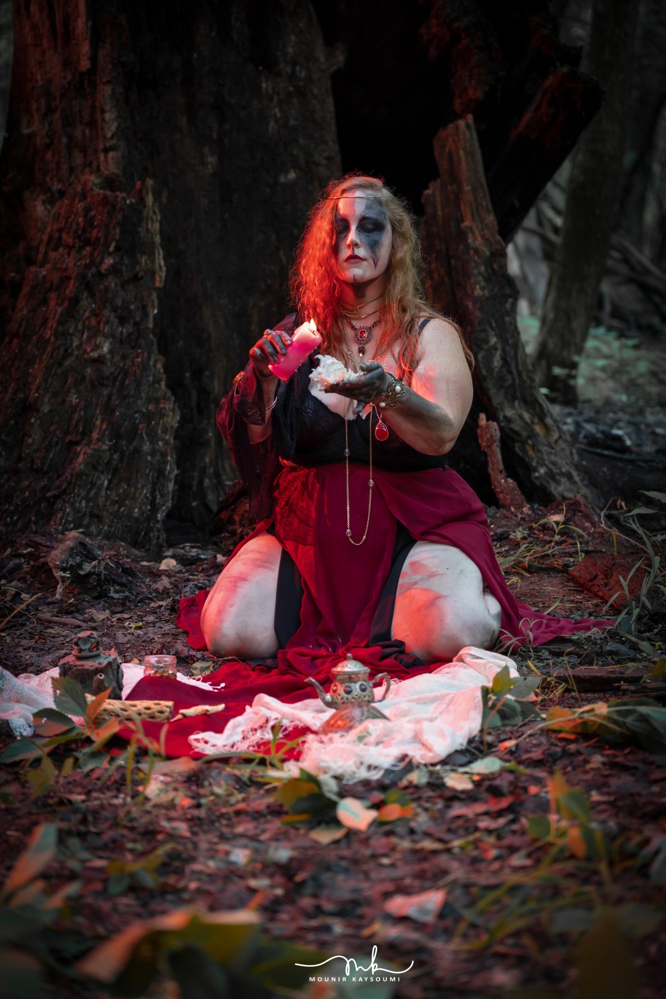 Woman in dark woods