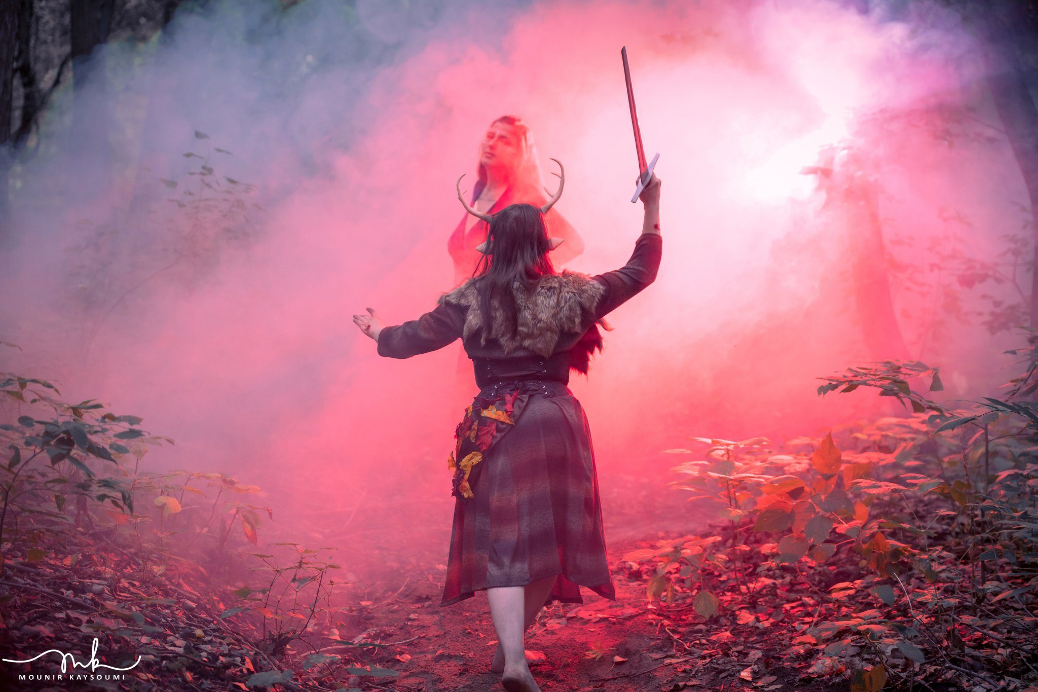 Silhouette with sword against red sky